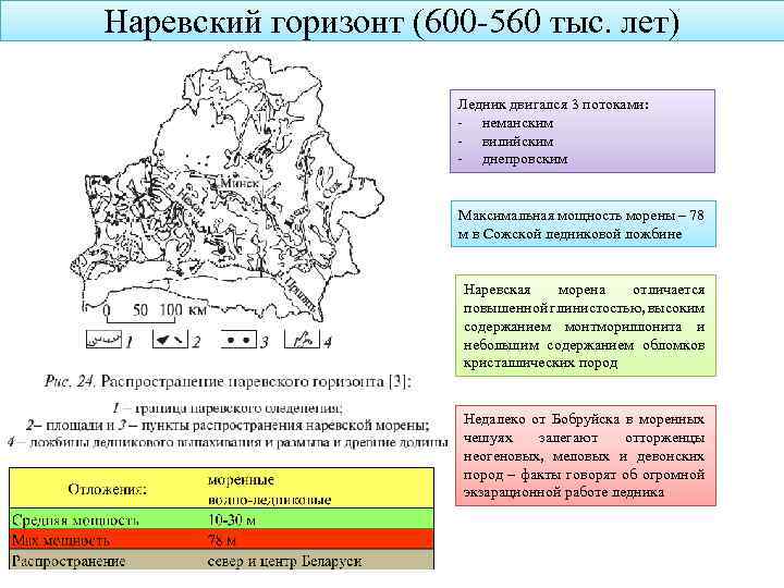 Наревский горизонт (600 -560 тыс. лет) Ледник двигался 3 потоками: - неманским - вилийским