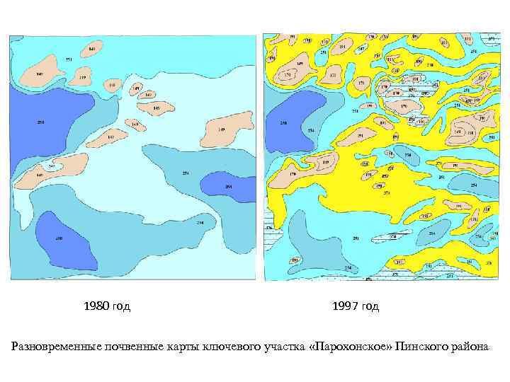 1980 год 1997 год Разновременные почвенные карты ключевого участка «Парохонское» Пинского района 