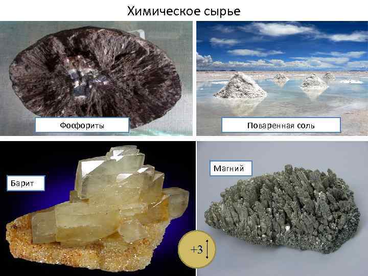 Химическое сырье Фосфориты Поваренная соль Магний Барит +3 