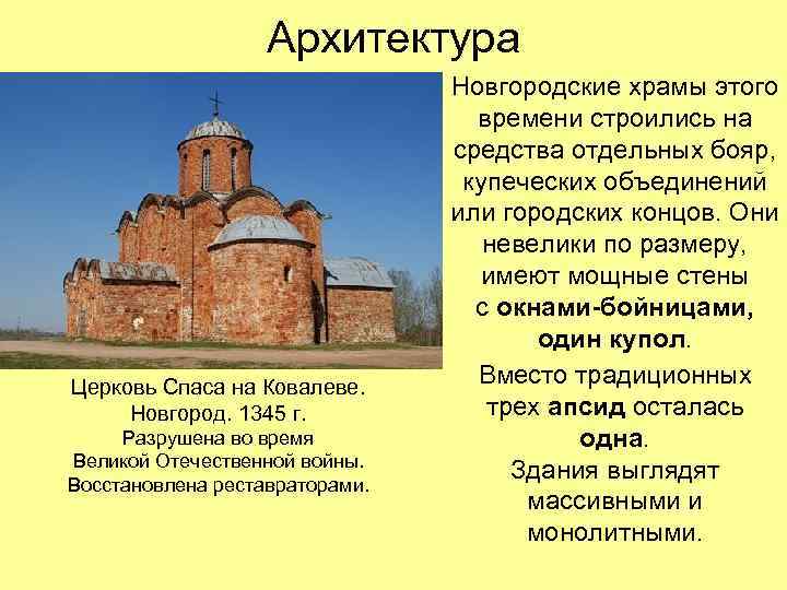 Архитектура Церковь Спаса на Ковалеве. Новгород. 1345 г. Разрушена во время Великой Отечественной войны.