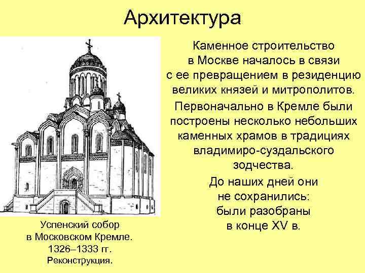 Архитектура Успенский собор в Московском Кремле. 1326– 1333 гг. Реконструкция. Каменное строительство в Москве