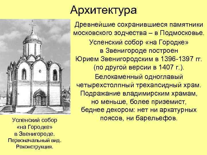 Архитектура Успенский собор «на Городке» в Звенигороде. Первоначальный вид. Реконструкция. Древнейшие сохранившиеся памятники московского