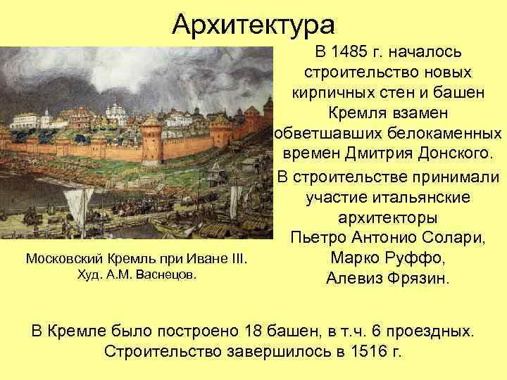 Архитектура Московский Кремль при Иване III. Худ. А. М. Васнецов. В 1485 г. началось