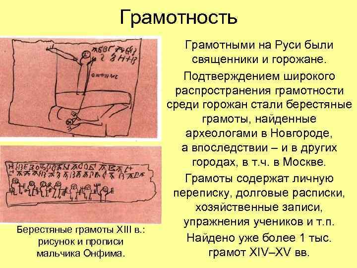 Грамотность Берестяные грамоты XIII в. : рисунок и прописи мальчика Онфима. Грамотными на Руси