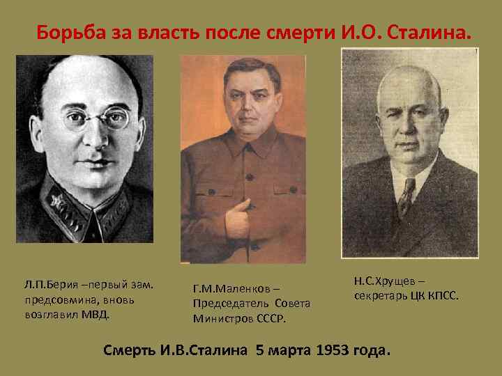Борьба за власть после смерти И. О. Сталина. Л. П. Берия –первый зам. предсовмина,