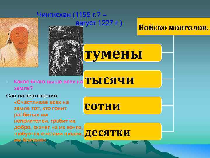 Чингисхан (1155 г. ? – август 1227 г. ) Войско монголов. тумены - Какое