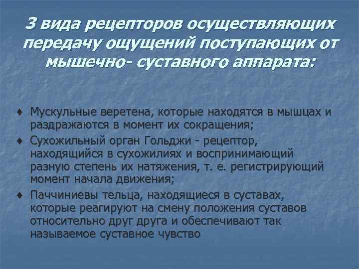 3 вида рецепторов осуществляющих передачу ощущений поступающих от мышечно- суставного аппарата: ♦ Мускульные веретена,
