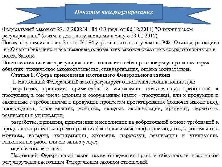 О техническом регулировании от 27.12 2002. Федеральный закон понятие. Федеральный закон 478. 5 Статья закона о тех регулировании 184 ФЗ кратко. Федеральный закон 184 презентация.