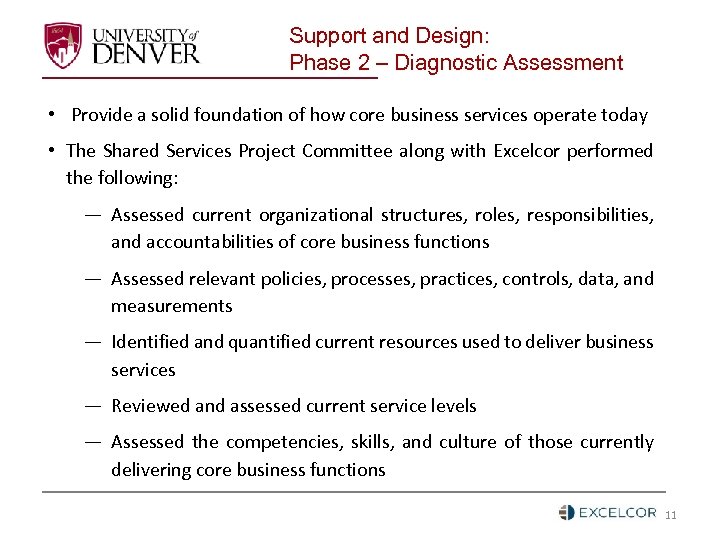 Support and Design: Phase 2 – Diagnostic Assessment • Provide a solid foundation of