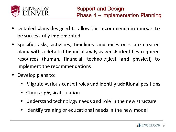 Support and Design: Phase 4 – Implementation Planning • Detailed plans designed to allow