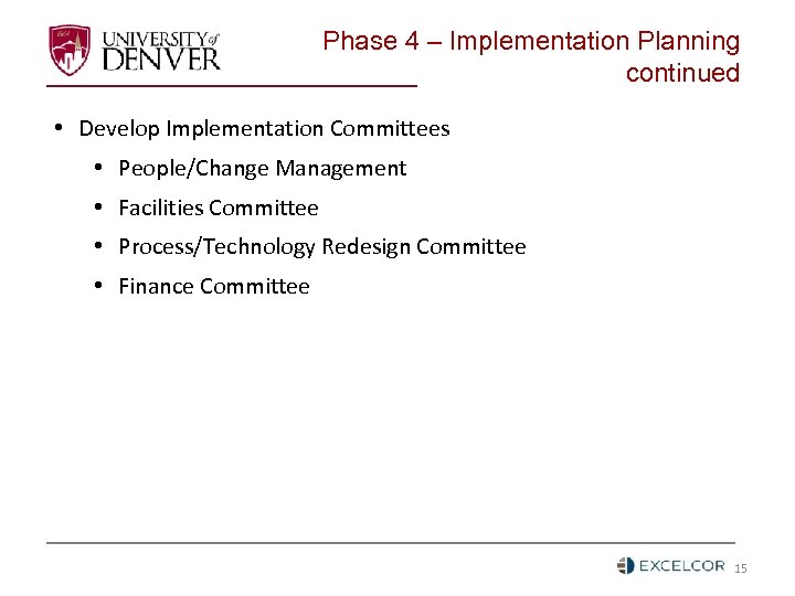Phase 4 – Implementation Planning continued • Develop Implementation Committees • People/Change Management •