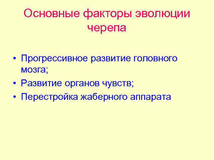 Основные факторы эволюции черепа • Прогрессивное развитие головного мозга; • Развитие органов чувств; •