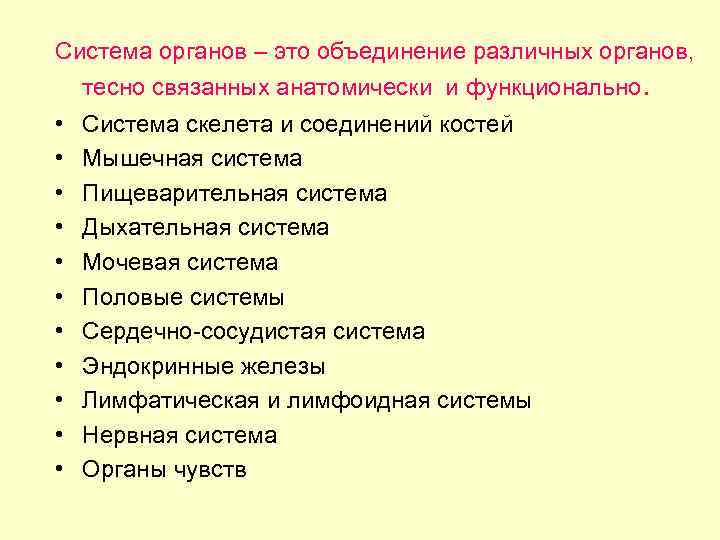 Система органов – это объединение различных органов, тесно связанных анатомически и функционально. • •
