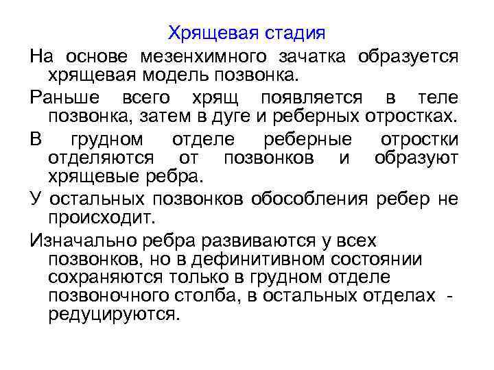 Хрящевая стадия На основе мезенхимного зачатка образуется хрящевая модель позвонка. Раньше всего хрящ появляется
