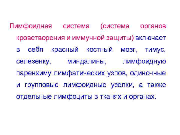 Лимфоидная система (система органов кроветворения и иммунной защиты) включает в себя селезенку, красный костный