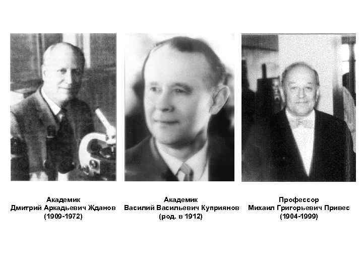 Академик Дмитрий Аркадьевич Жданов (1909 -1972) Академик Василий Васильевич Куприянов (род. в 1912) Профессор