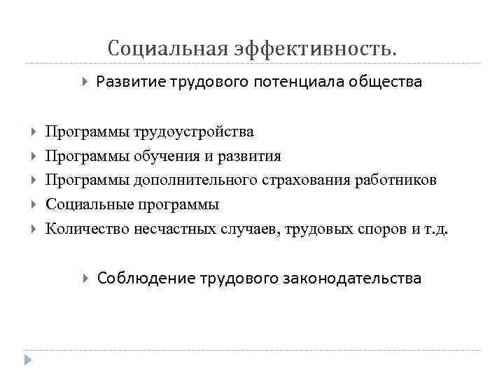 Социальная эффективность. Развитие трудового потенциала общества Программы трудоустройства Программы обучения и развития Программы дополнительного