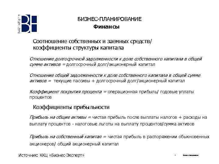 БИЗНЕС-ПЛАНИРОВАНИЕ Финансы Соотношение собственных и заемных средств/ коэффициенты структуры капитала Отношение долгосрочной задолженности к