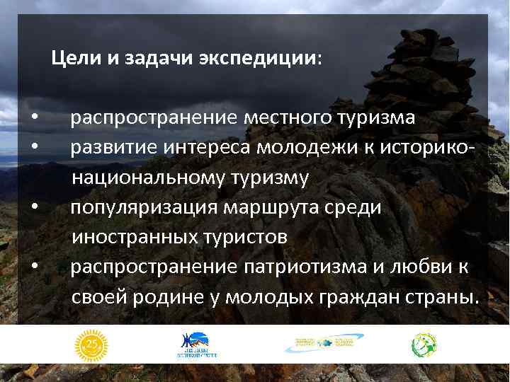 Цели и задачи экспедиции: • • распространение местного туризма развитие интереса молодежи к историконациональному