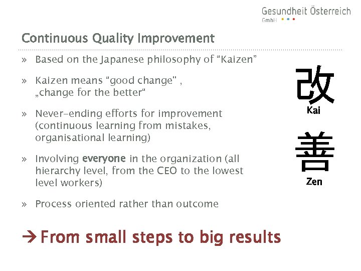 Continuous Quality Improvement » Based on the Japanese philosophy of “Kaizen” » Kaizen means