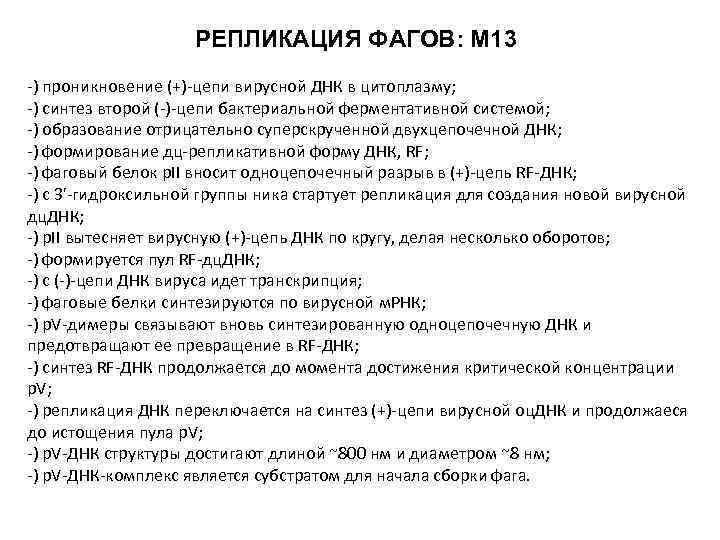 РЕПЛИКАЦИЯ ФАГОВ: М 13 -) проникновение (+)-цепи вирусной ДНК в цитоплазму; -) синтез второй