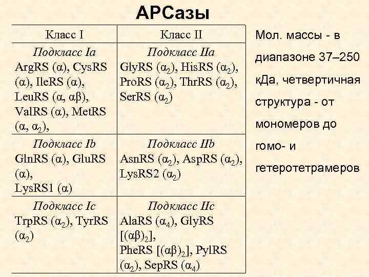 АРСазы Класс I Подкласс Ia Arg. RS (α), Cys. RS (α), Ile. RS (α),
