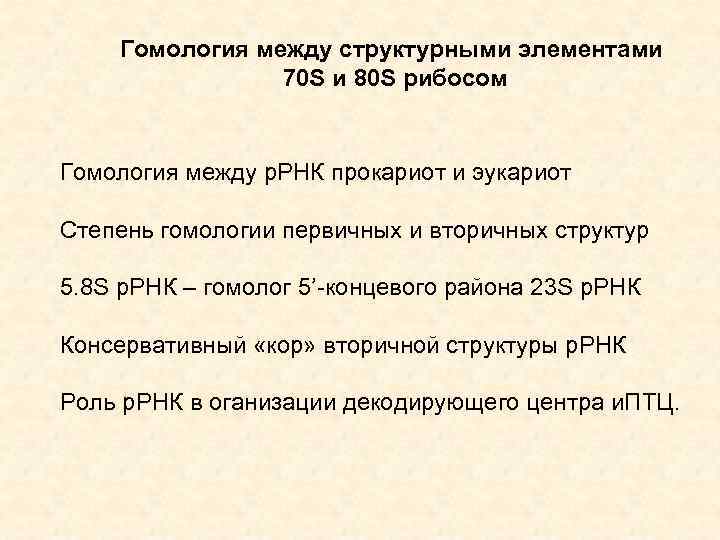 Гомология между структурными элементами 70 S и 80 S рибосом Гомология между р. РНК
