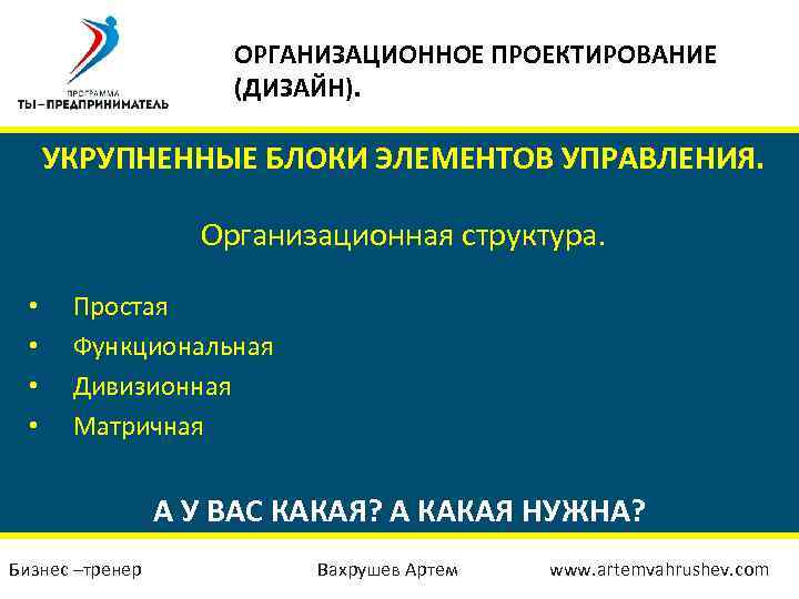 ОРГАНИЗАЦИОННОЕ ПРОЕКТИРОВАНИЕ (ДИЗАЙН). УКРУПНЕННЫЕ БЛОКИ ЭЛЕМЕНТОВ УПРАВЛЕНИЯ. Организационная структура. • • Простая Функциональная Дивизионная