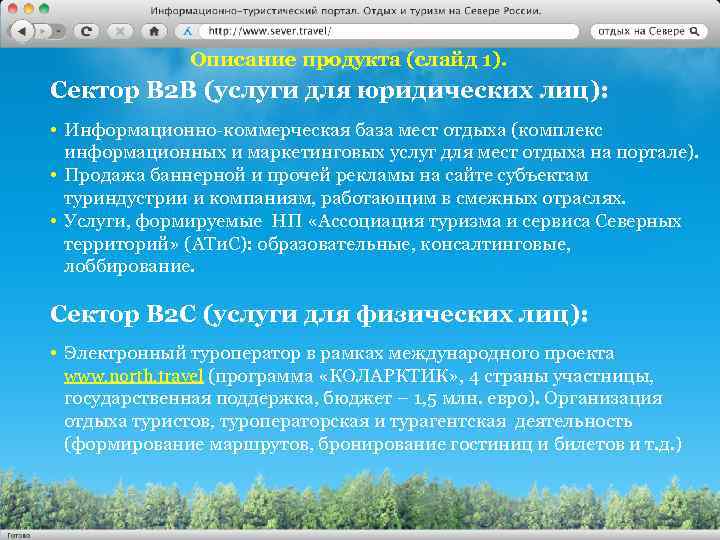 Описание продукта (слайд 1). Сектор B 2 B (услуги для юридических лиц): • Информационно-коммерческая