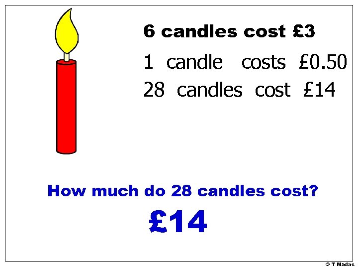 6 candles cost £ 3 1 candle costs £ 0. 50 28 candles cost
