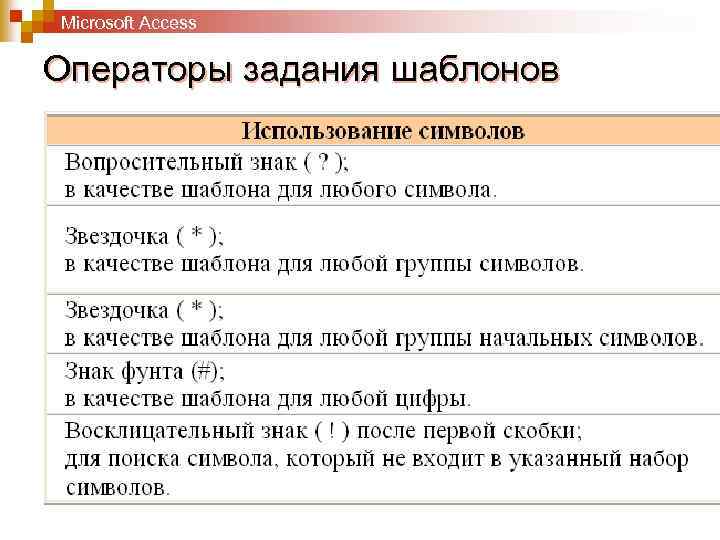 Microsoft Access Операторы задания шаблонов 