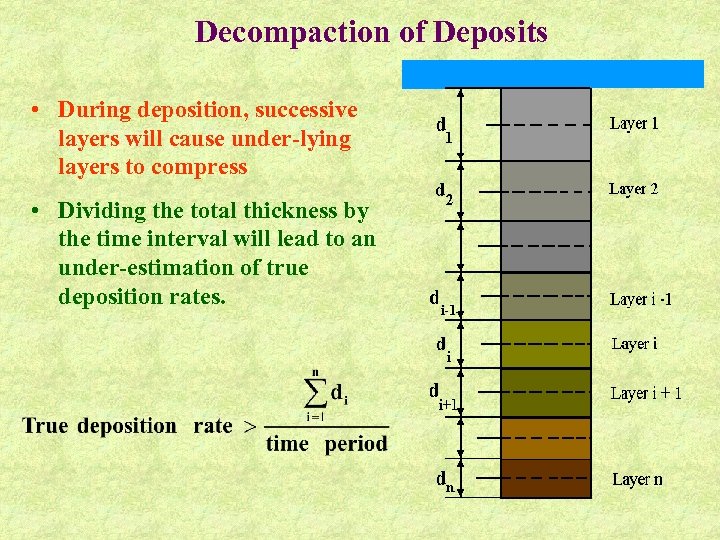 Decompaction of Deposits • During deposition, successive layers will cause under-lying layers to compress