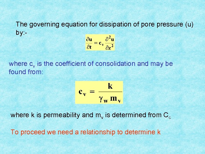 The governing equation for dissipation of pore pressure (u) by: - where cv is