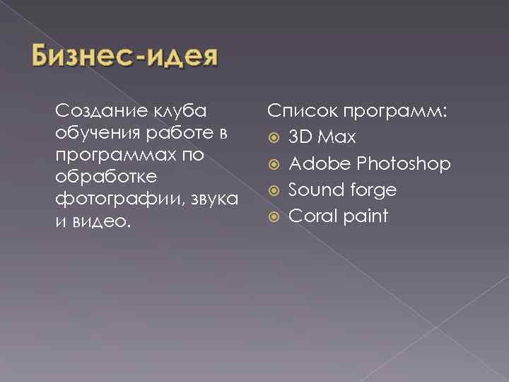 Бизнес-идея Создание клуба обучения работе в программах по обработке фотографии, звука и видео. Список