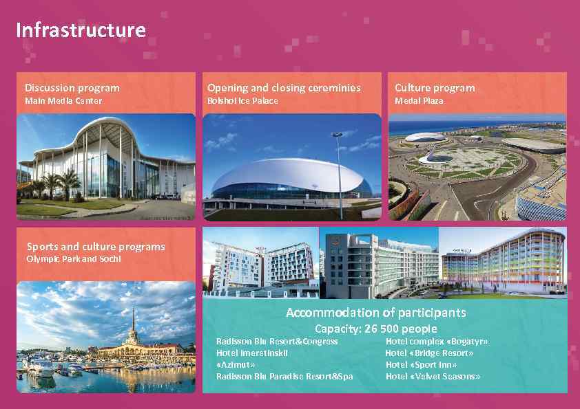 Infrastructure Discussion program Main Media Center Opening and closing cereminies Bolshoi Ice Palace Culture