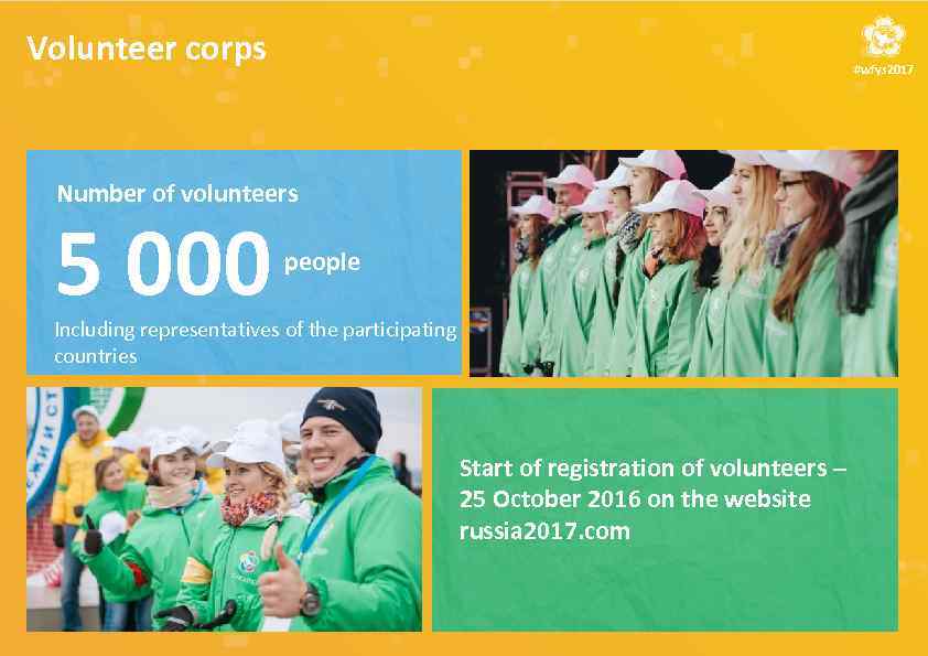 Volunteer corps #wfys 2017 Number of volunteers 5 000 people Including representatives of the