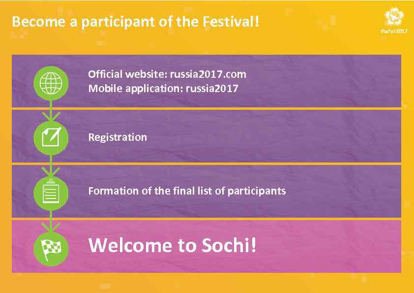 Become a participant of the Festival! Official website: russia 2017. com Mobile application: russia