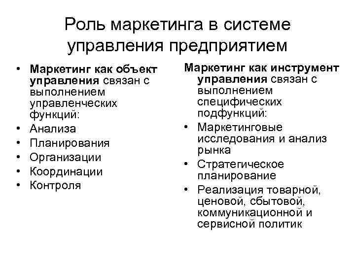 Роль маркетинга в системе управления предприятием • Маркетинг как объект управления связан с выполнением