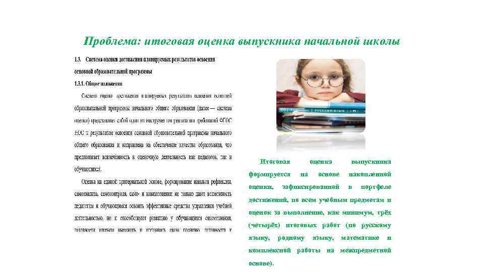 Проблема: итоговая оценка выпускника начальной школы Итоговая формируется оценки, оценка на основе зафиксированной выпускника