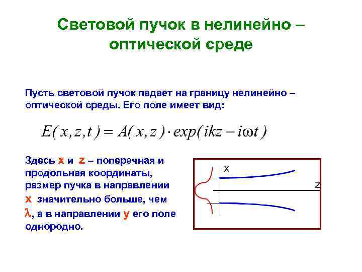 Световой пучок в нелинейно – оптической среде Пусть световой пучок падает на границу нелинейно