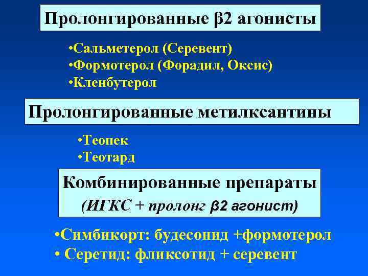 Пролонгированные β 2 агонисты • Сальметерол (Серевент) • Формотерол (Форадил, Оксис) • Кленбутерол Пролонгированные