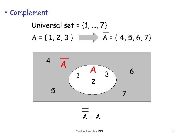  • Complement Universal set = {1, …, 7} A = { 1, 2,