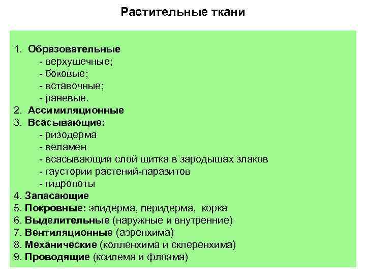 Растительные ткани 1. Образовательные - верхушечные; - боковые; - вставочные; - раневые. 2. Ассимиляционные