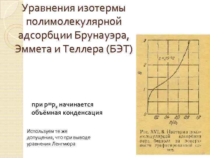 Уравнения изотермы полимолекулярной адсорбции Брунауэра, Эммета и Теллера (БЭТ) при p=ps начинается объёмная конденсация