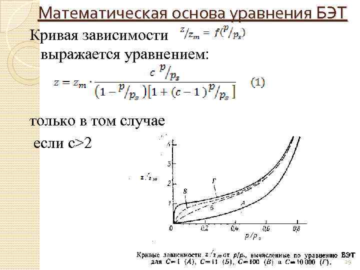 Математическая основа уравнения БЭТ Кривая зависимости выражается уравнением: только в том случае если с>2