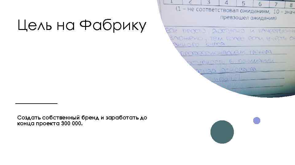 Цель на Фабрику Создать собственный бренд и заработать до конца проекта 300 000. 