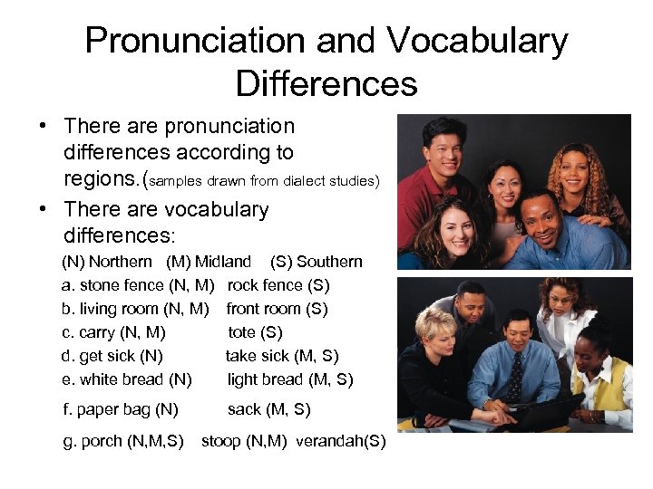 Pronunciation and Vocabulary Differences • There are pronunciation differences according to regions. (samples drawn