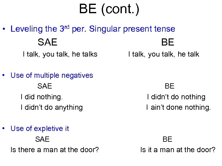 BE (cont. ) • Leveling the 3 rd per. Singular present tense SAE I