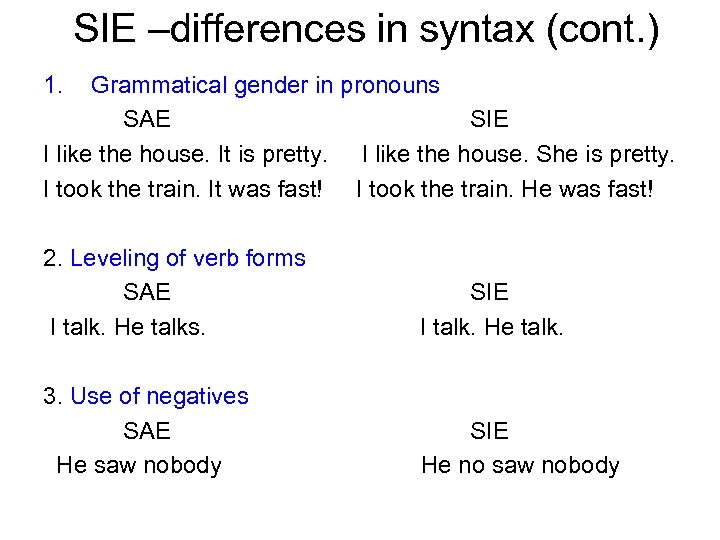 SIE –differences in syntax (cont. ) 1. Grammatical gender in pronouns SAE SIE I