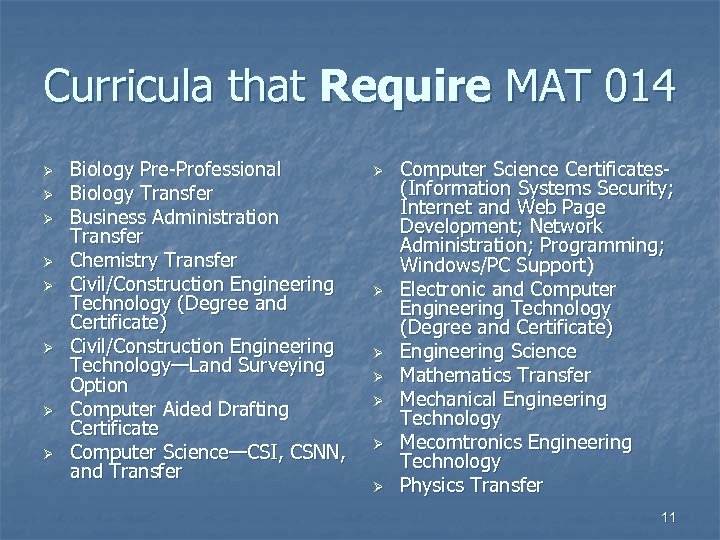 Curricula that Require MAT 014 Ø Ø Ø Ø Biology Pre-Professional Biology Transfer Business